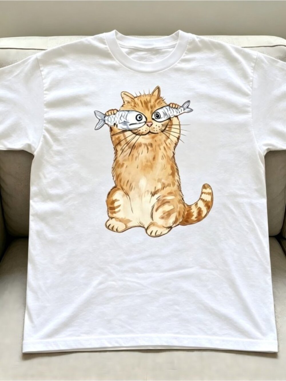 cat with fish white Women Men T-shirt unisex
